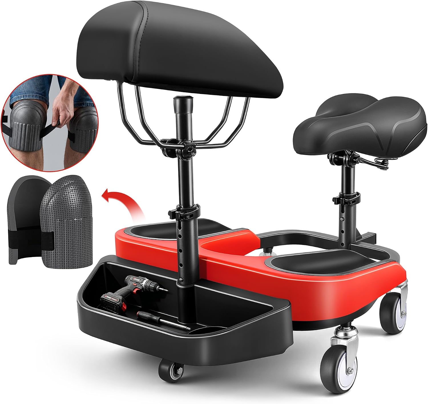 Kneeling Sitting Creeper with Chest Support, Rolling Knee Pads with Adjustable Seat & Tool Tray, 3-Inch Multi-Terrain Casters & Anti-Flip Protection for Tile Flooring, Auto Repair & Gardening