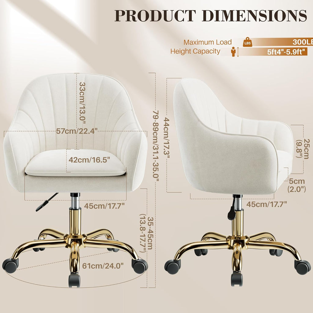 Vanity Chair with Wheels, Adjustable Swivel Desk Chair, Velvet Home Office Makeup Chair