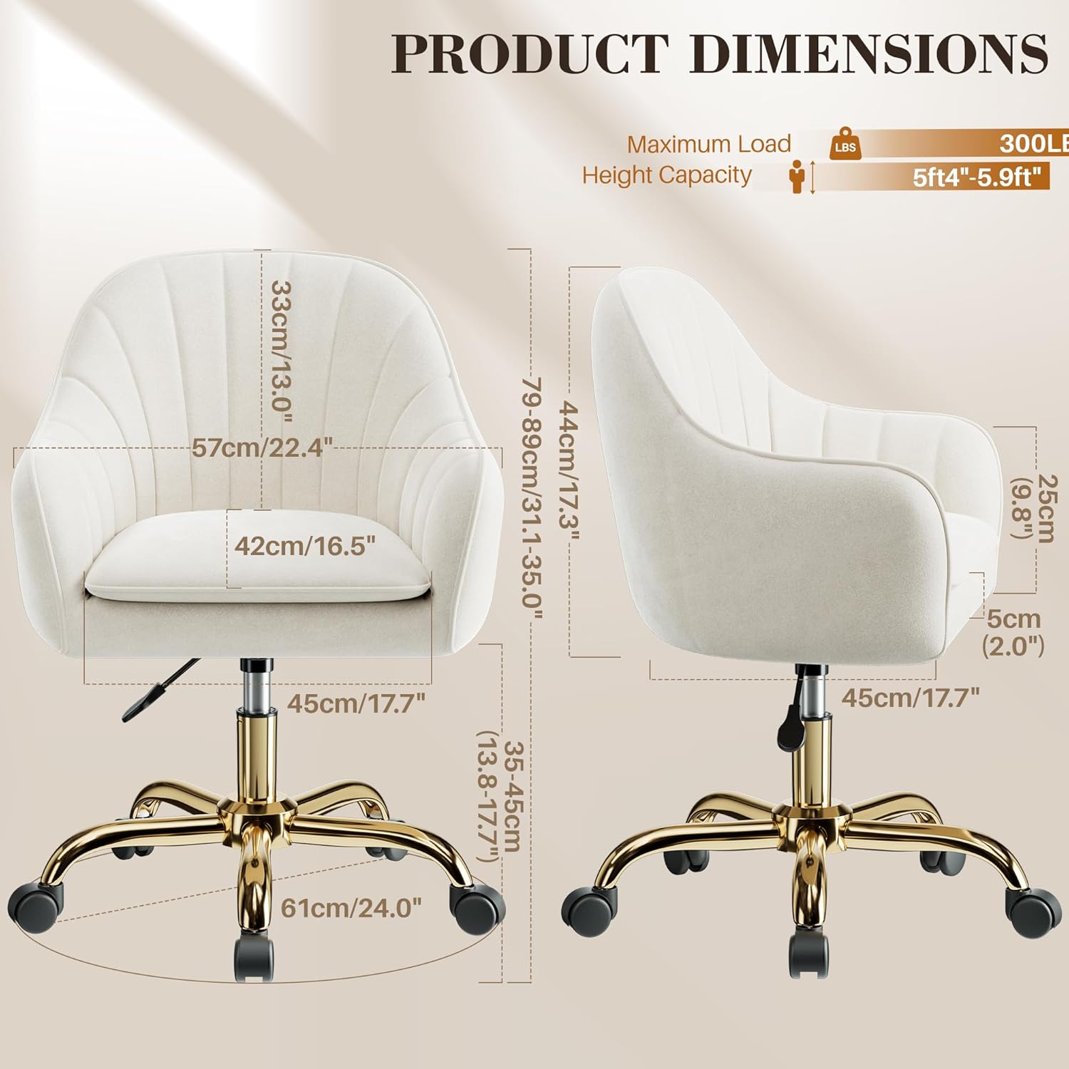 Vanity Chair with Wheels, Adjustable Swivel Desk Chair, Velvet Home Office Makeup Chair