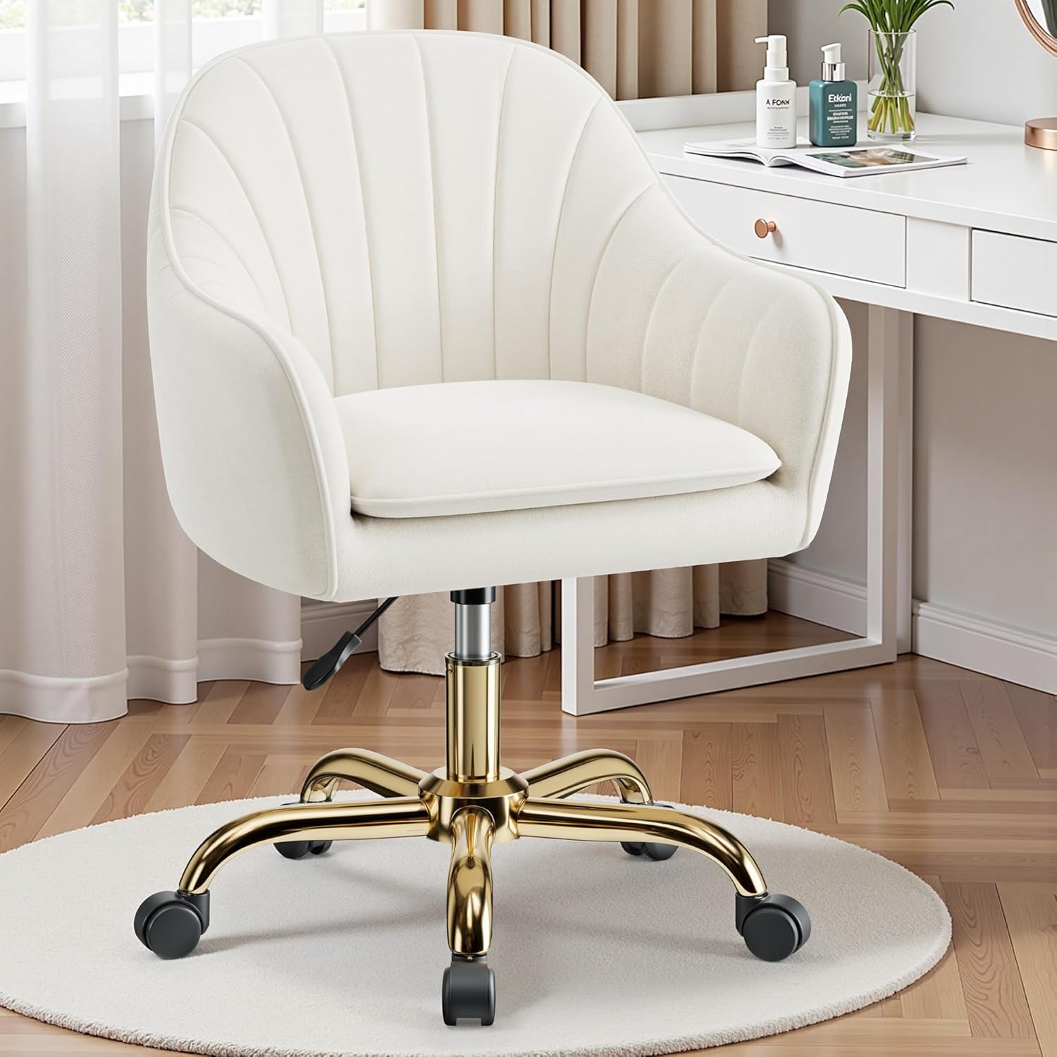 Vanity Chair with Wheels, Adjustable Swivel Desk Chair, Velvet Home Office Makeup Chair