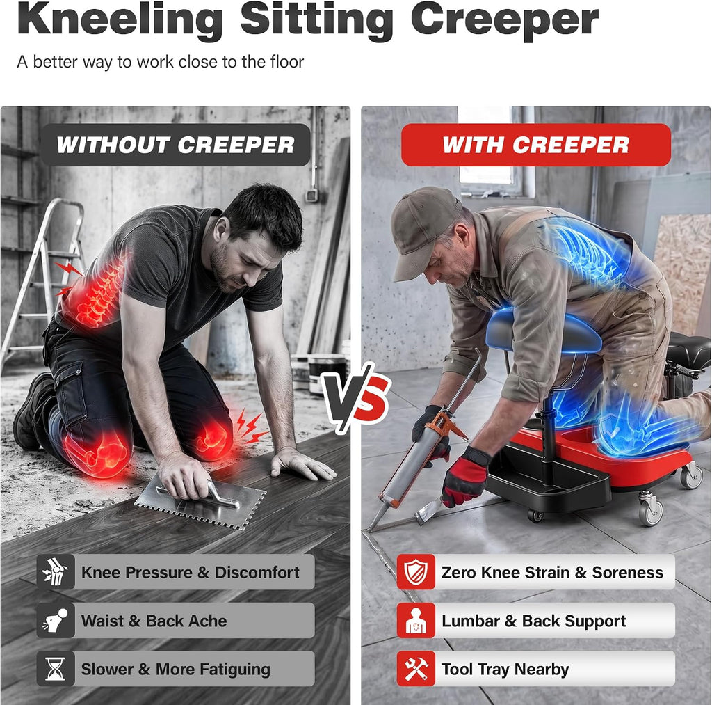 Kneeling Sitting Creeper with Chest Support, Rolling Knee Pads with Adjustable Seat & Tool Tray, 3-Inch Multi-Terrain Casters & Anti-Flip Protection for Tile Flooring, Auto Repair & Gardening