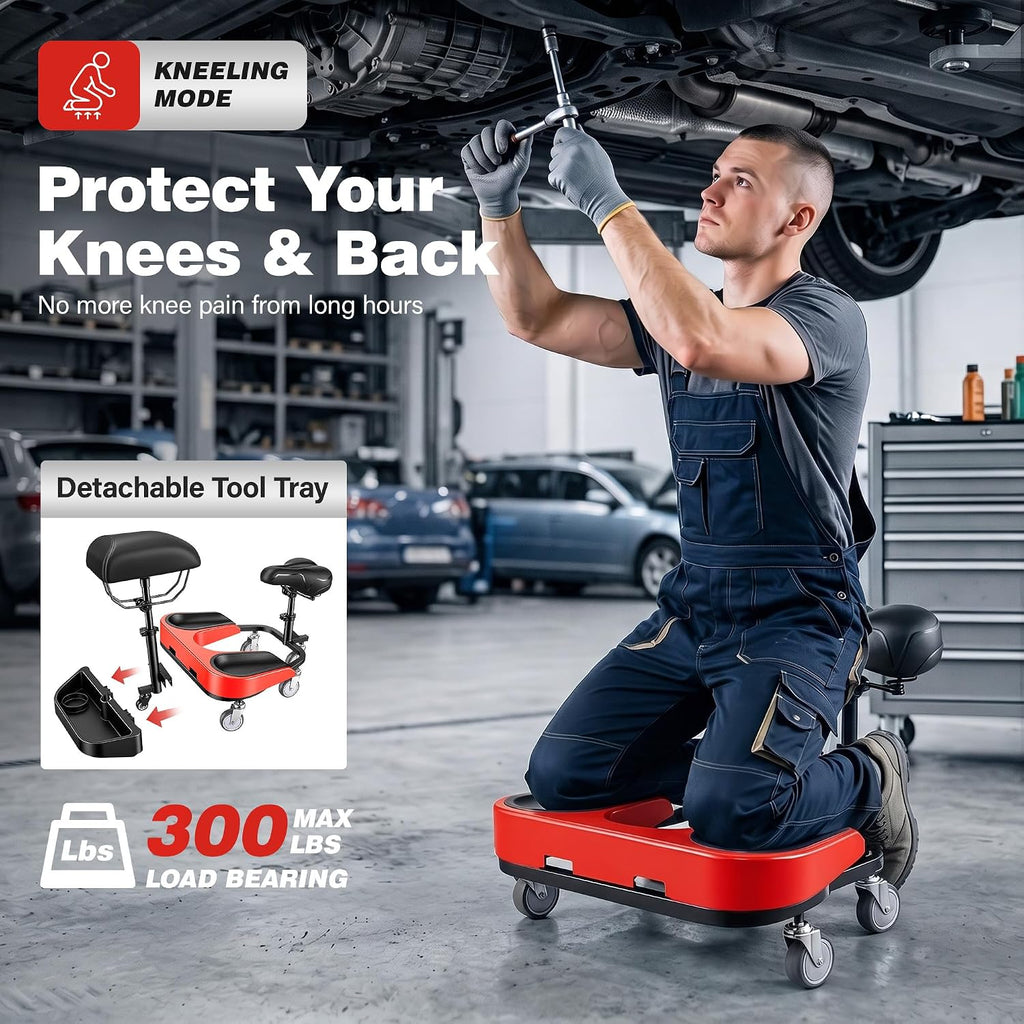 Kneeling Sitting Creeper with Chest Support, Rolling Knee Pads with Adjustable Seat & Tool Tray, 3-Inch Multi-Terrain Casters & Anti-Flip Protection for Tile Flooring, Auto Repair & Gardening