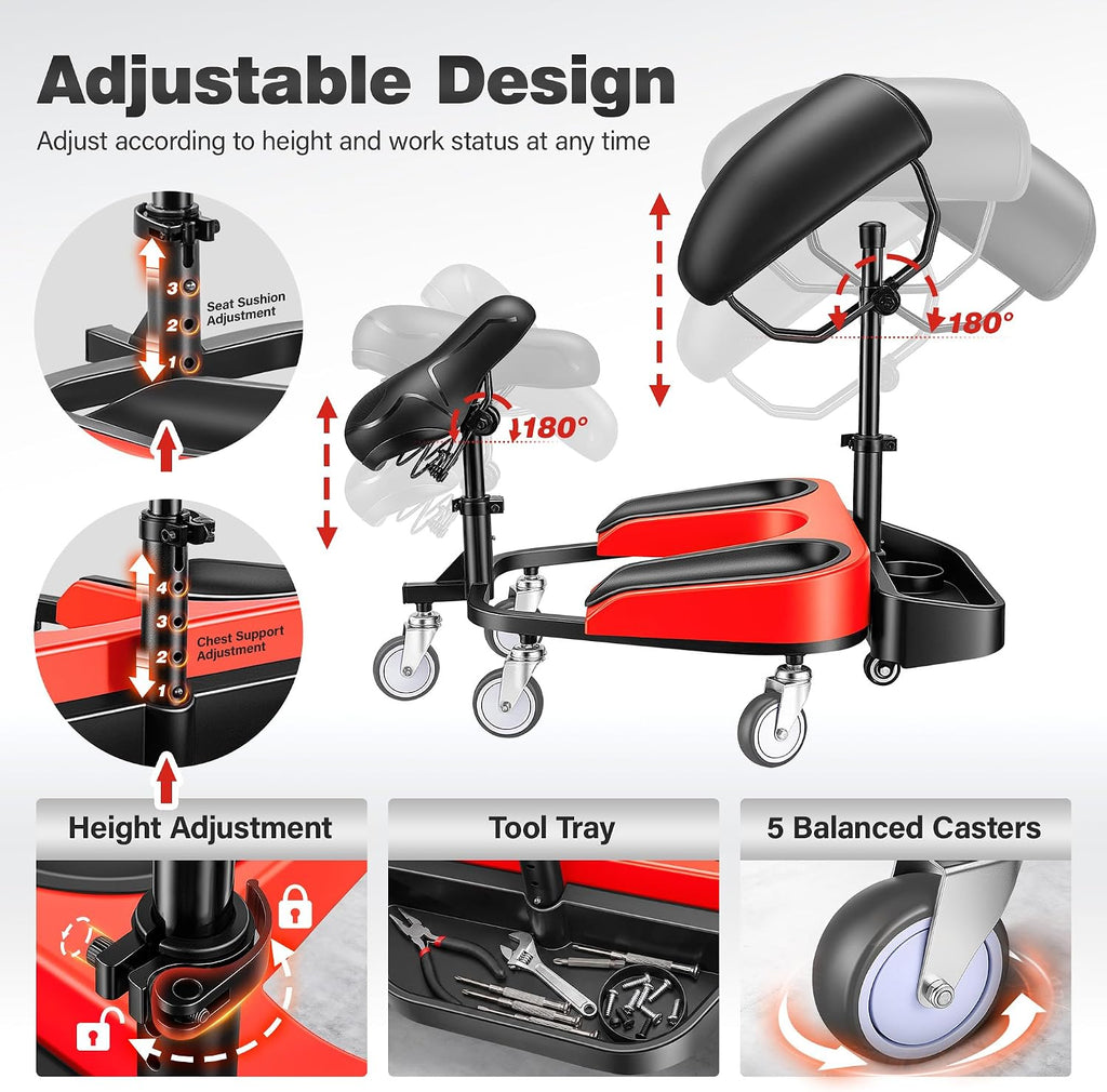 Kneeling Sitting Creeper with Chest Support, Rolling Knee Pads with Adjustable Seat & Tool Tray, 3-Inch Multi-Terrain Casters & Anti-Flip Protection for Tile Flooring, Auto Repair & Gardening