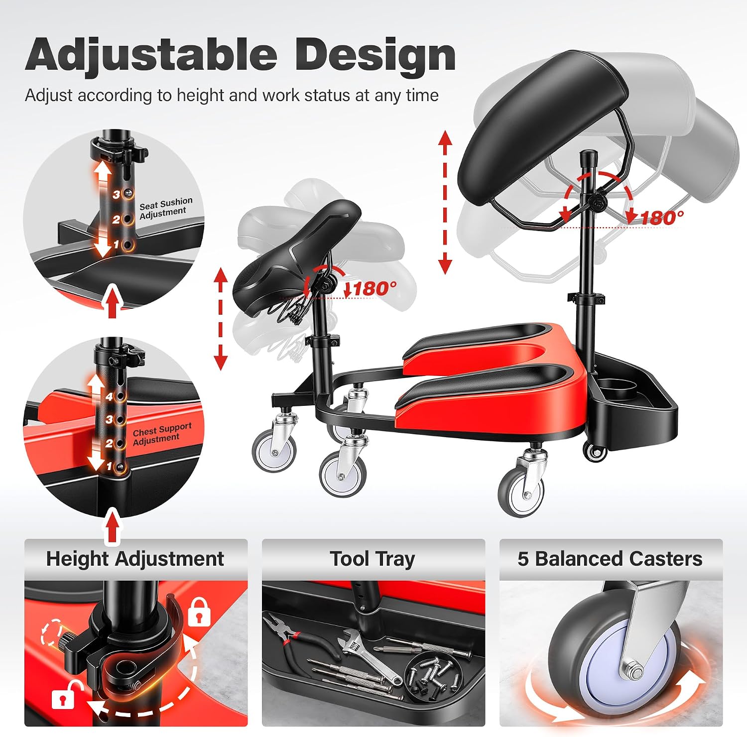 Kneeling Sitting Creeper with Chest Support, Rolling Knee Pads with Adjustable Seat & Tool Tray, 3-Inch Multi-Terrain Casters & Anti-Flip Protection for Tile Flooring, Auto Repair & Gardening