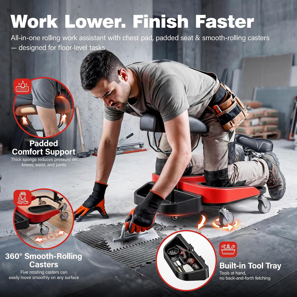 Kneeling Sitting Creeper with Chest Support, Rolling Knee Pads with Adjustable Seat & Tool Tray, 3-Inch Multi-Terrain Casters & Anti-Flip Protection for Tile Flooring, Auto Repair & Gardening