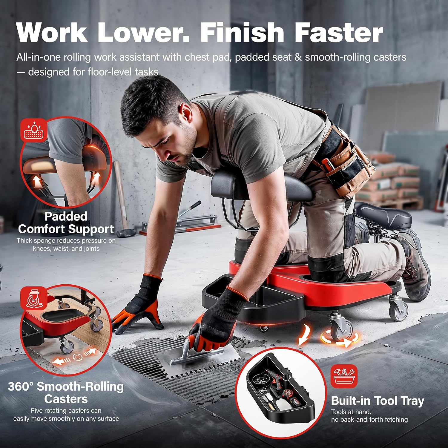 Kneeling Sitting Creeper with Chest Support, Rolling Knee Pads with Adjustable Seat & Tool Tray, 3-Inch Multi-Terrain Casters & Anti-Flip Protection for Tile Flooring, Auto Repair & Gardening
