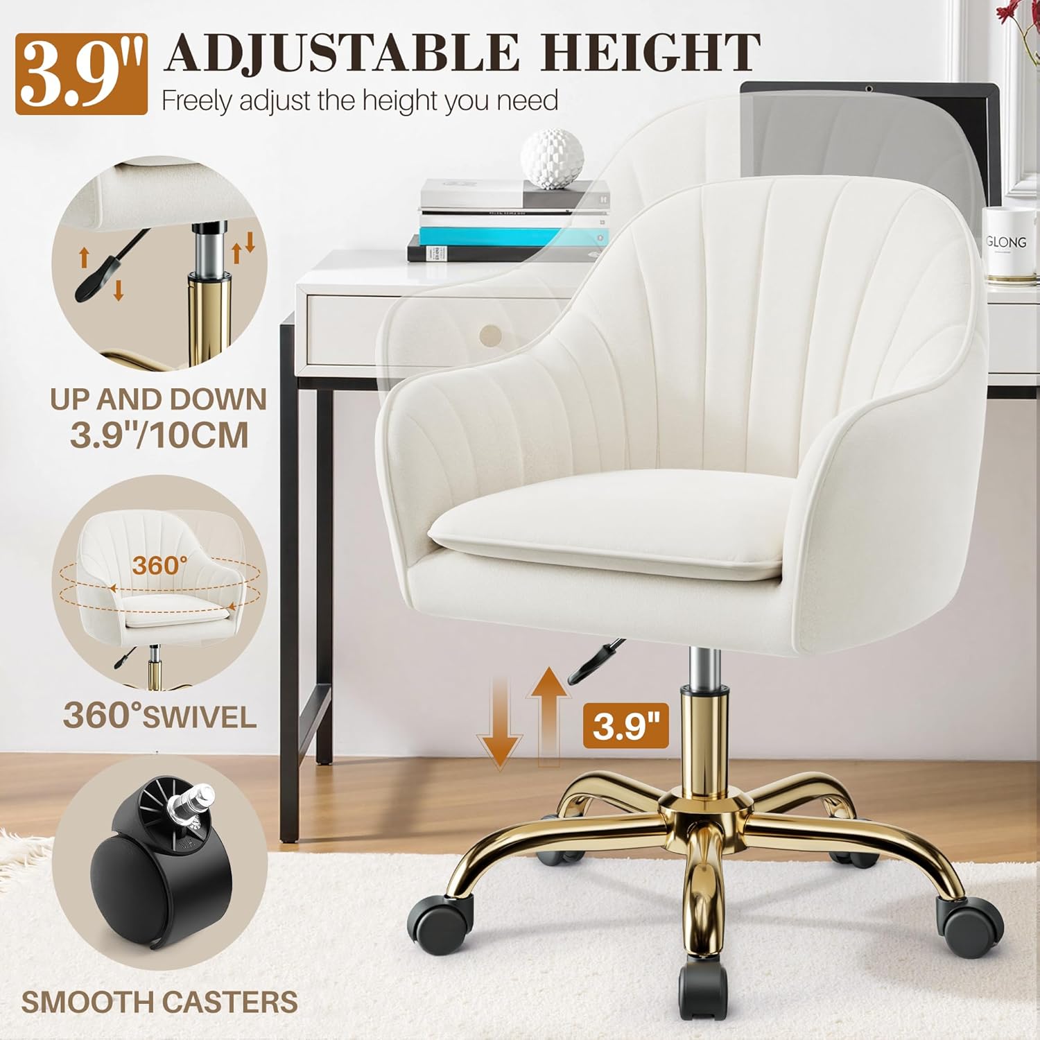 Vanity Chair with Wheels, Adjustable Swivel Desk Chair, Velvet Home Office Makeup Chair