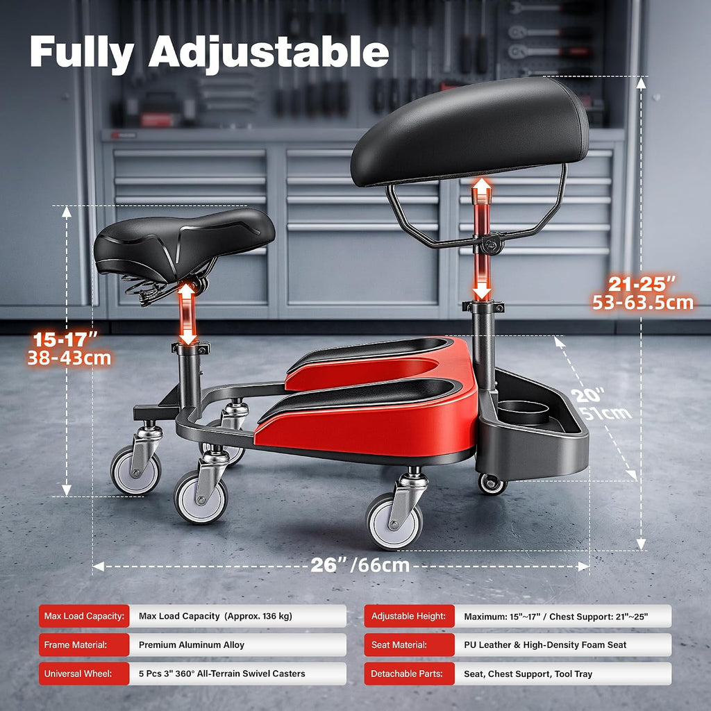Kneeling Sitting Creeper with Chest Support, Rolling Knee Pads with Adjustable Seat & Tool Tray, 3-Inch Multi-Terrain Casters & Anti-Flip Protection for Tile Flooring, Auto Repair & Gardening