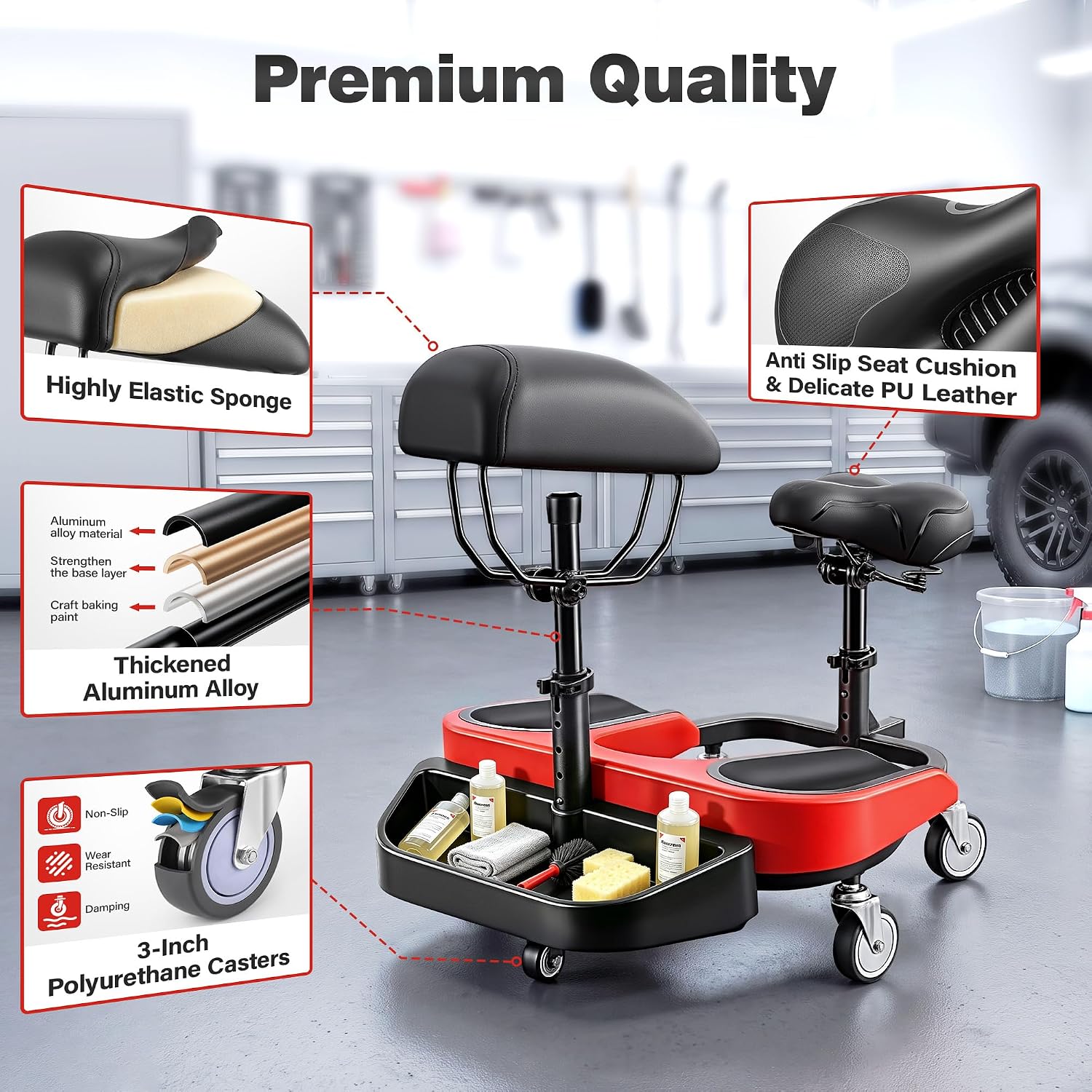 Kneeling Sitting Creeper with Chest Support, Rolling Knee Pads with Adjustable Seat & Tool Tray, 3-Inch Multi-Terrain Casters & Anti-Flip Protection for Tile Flooring, Auto Repair & Gardening