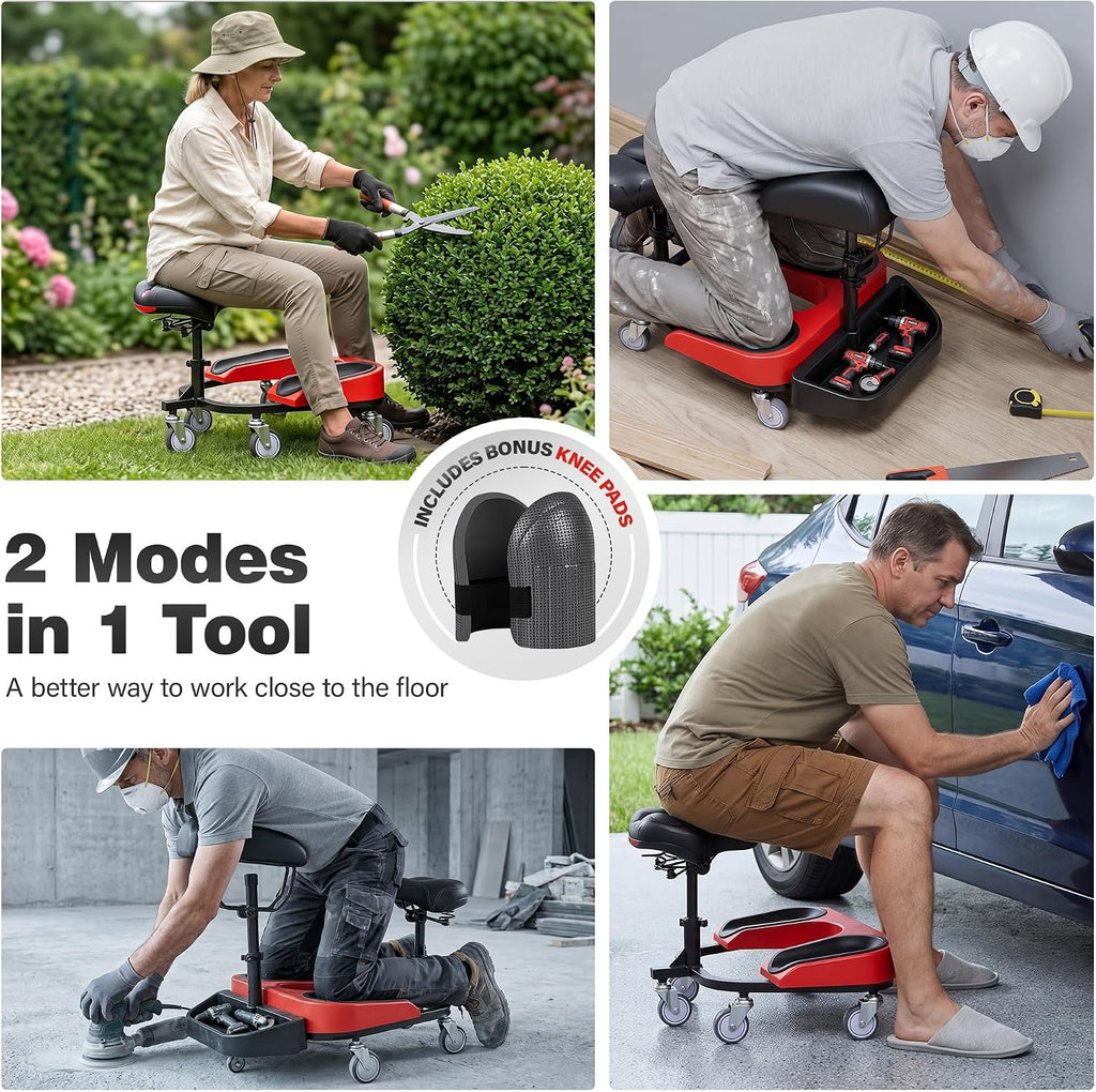 Kneeling Sitting Creeper with Chest Support, Rolling Knee Pads with Adjustable Seat & Tool Tray, 3-Inch Multi-Terrain Casters & Anti-Flip Protection for Tile Flooring, Auto Repair & Gardening