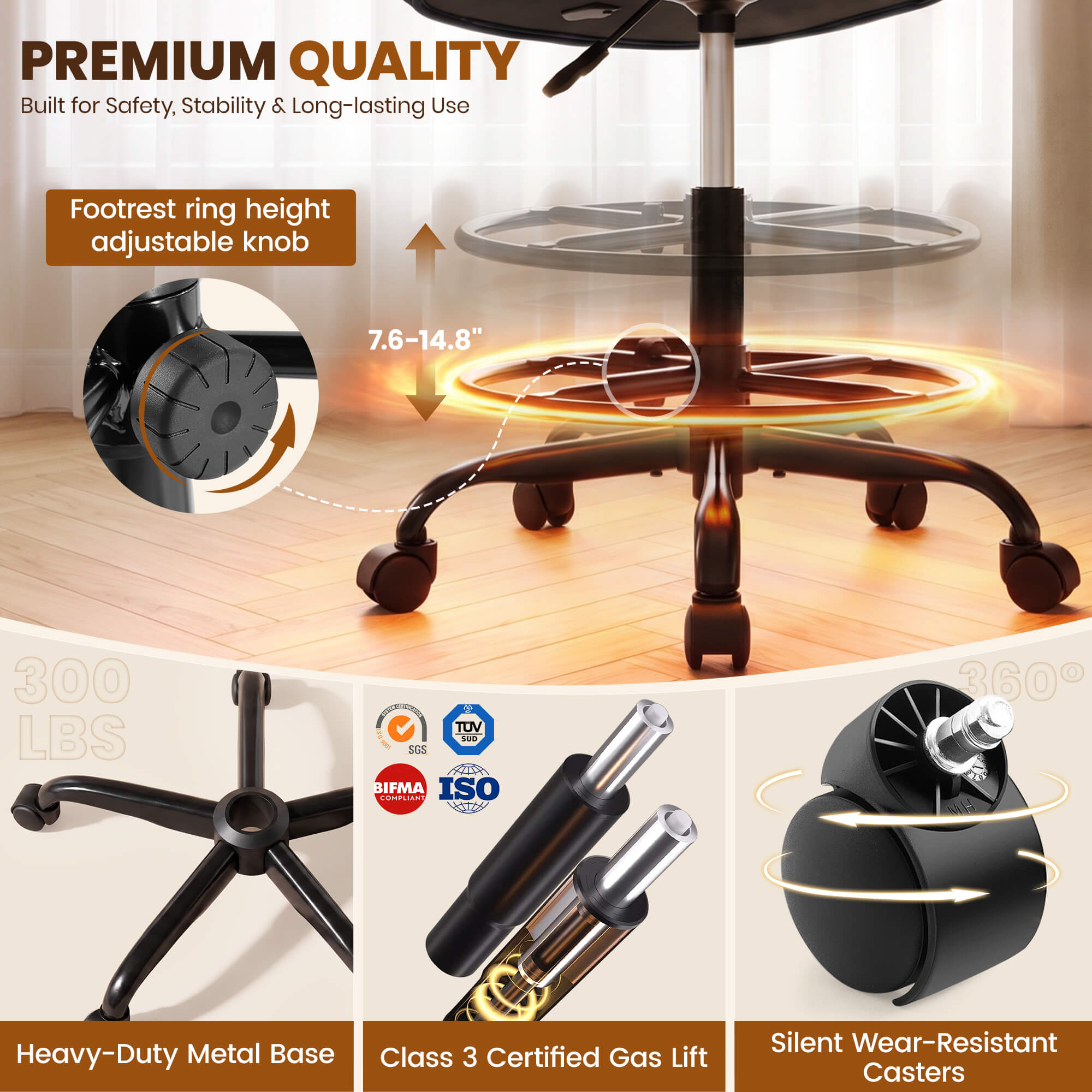 Fastes Drafting Tall Office Chair for Home Office, Velvet and Back Support, Comfy Standing Desk Chair with Adjustable Footrest Ring, 360 Swivel, Rolling Wheels for Counter Height Desk, Vanity and Bar