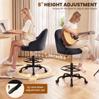 Fastes Drafting Tall Office Chair for Home Office, Velvet and Back Support, Comfy Standing Desk Chair with Adjustable Footrest Ring, 360 Swivel, Rolling Wheels for Counter Height Desk, Vanity and Bar