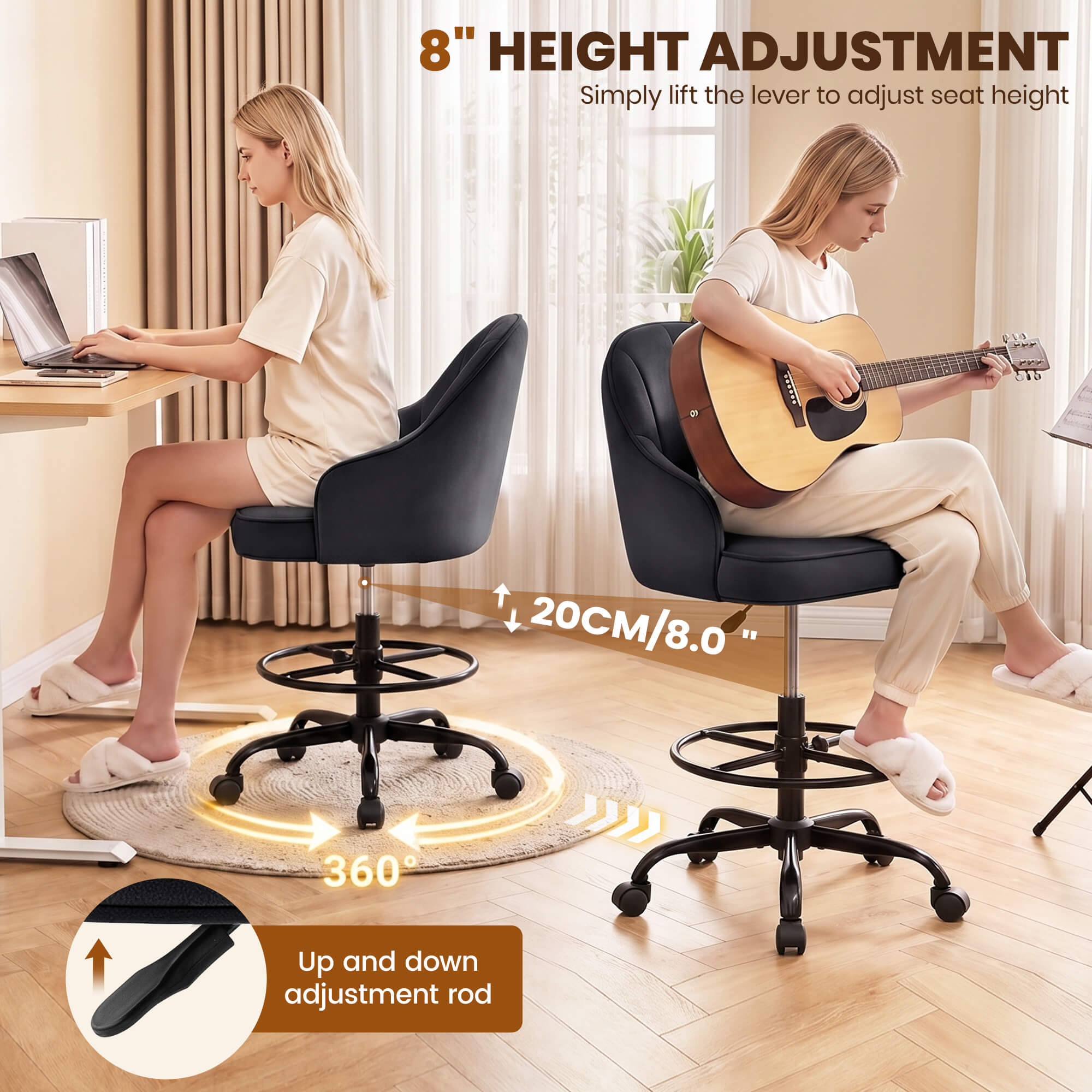 Fastes Drafting Tall Office Chair for Home Office, Velvet and Back Support, Comfy Standing Desk Chair with Adjustable Footrest Ring, 360 Swivel, Rolling Wheels for Counter Height Desk, Vanity and Bar