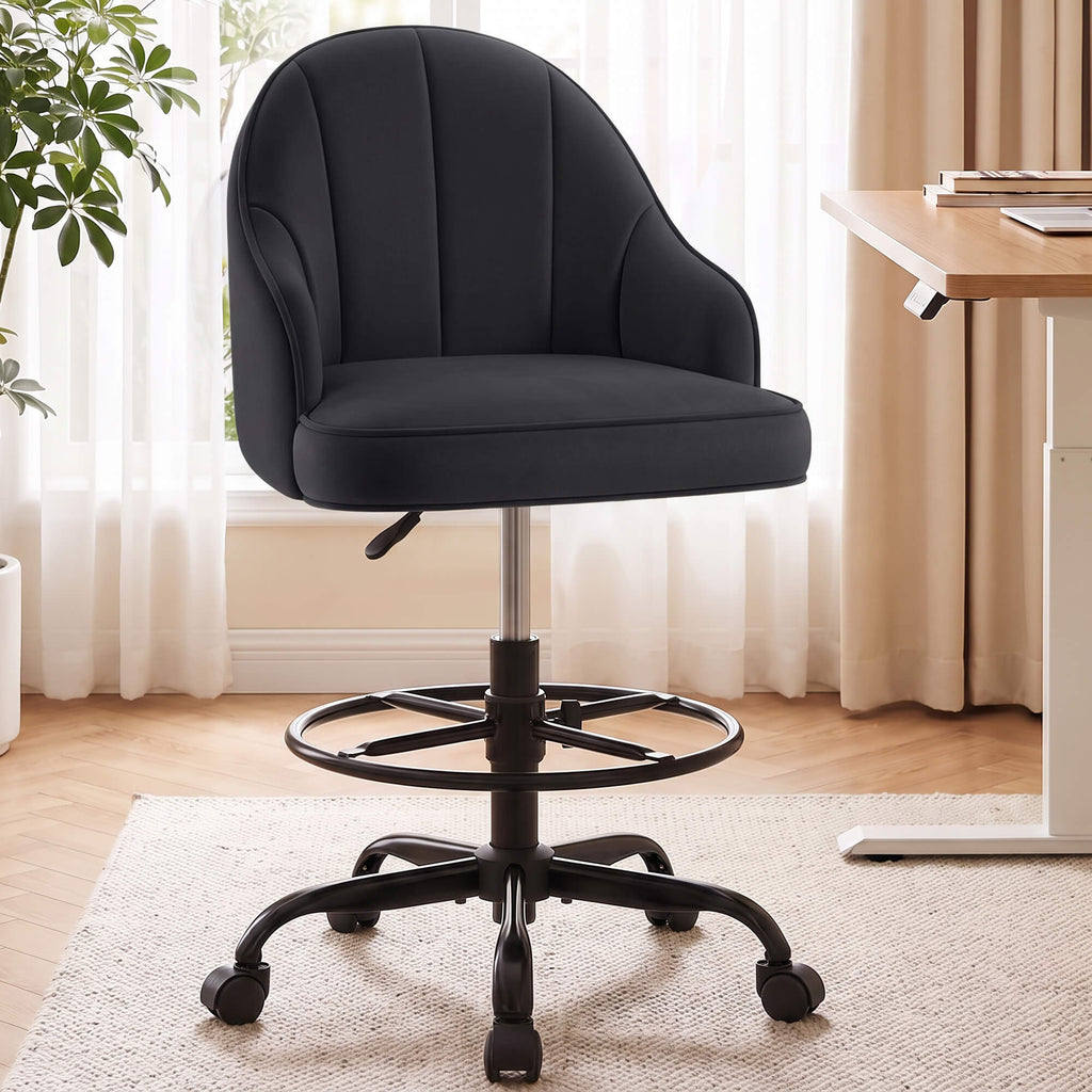 Fastes Drafting Tall Office Chair for Home Office, Velvet and Back Support, Comfy Standing Desk Chair with Adjustable Footrest Ring, 360 Swivel, Rolling Wheels for Counter Height Desk, Vanity and Bar