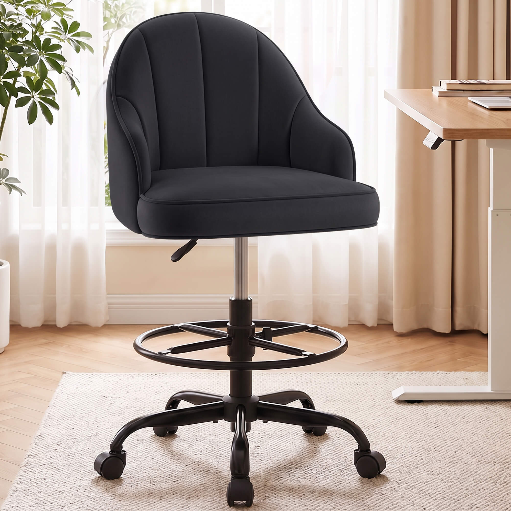 Fastes Drafting Tall Office Chair for Home Office, Velvet and Back Support, Comfy Standing Desk Chair with Adjustable Footrest Ring, 360 Swivel, Rolling Wheels for Counter Height Desk, Vanity and Bar