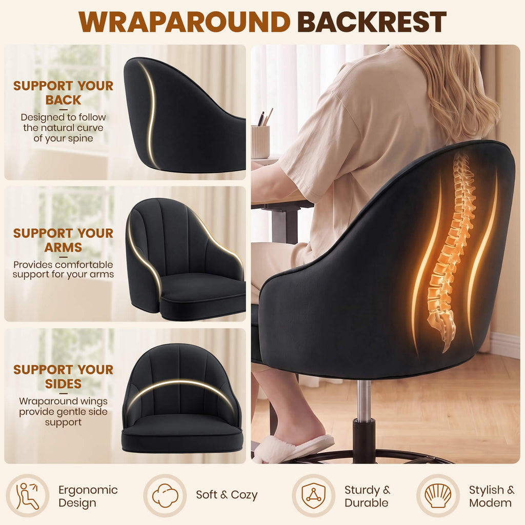 Fastes Drafting Tall Office Chair for Home Office, Velvet and Back Support, Comfy Standing Desk Chair with Adjustable Footrest Ring, 360 Swivel, Rolling Wheels for Counter Height Desk, Vanity and Bar