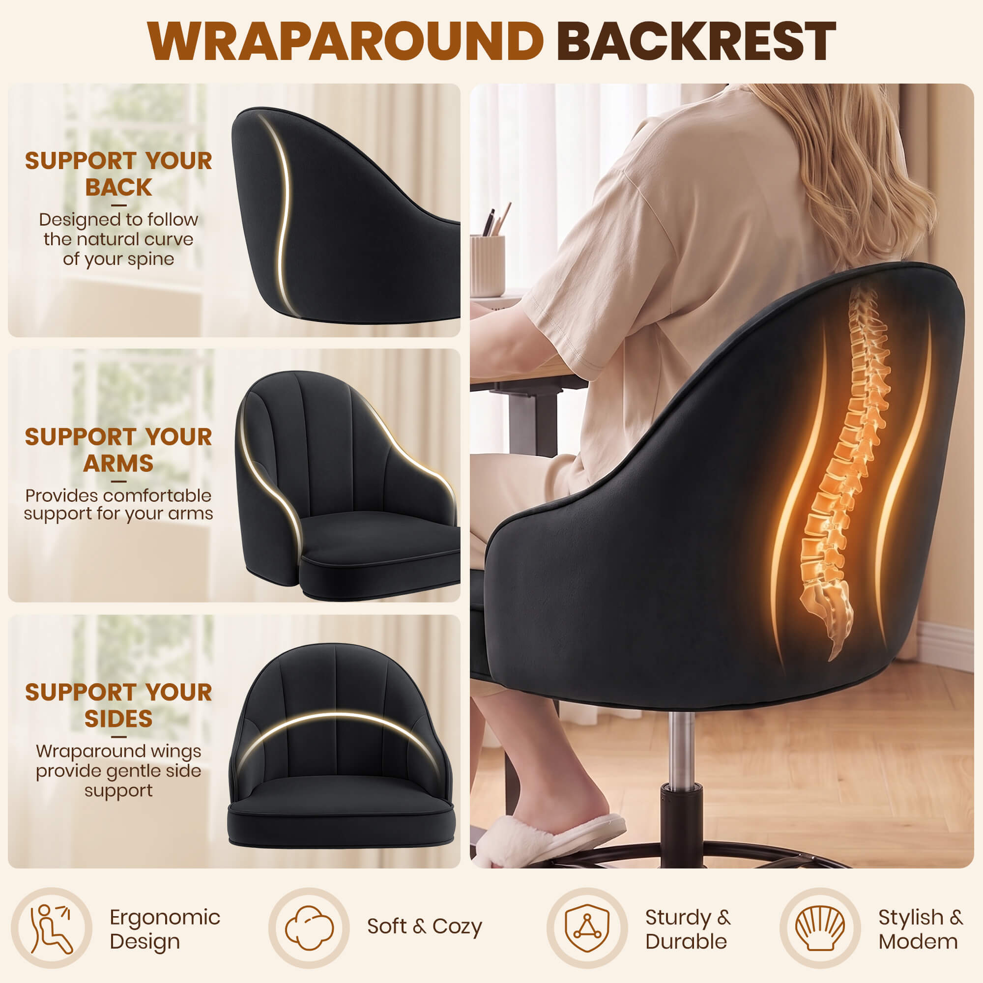 Fastes Drafting Tall Office Chair for Home Office, Velvet and Back Support, Comfy Standing Desk Chair with Adjustable Footrest Ring, 360 Swivel, Rolling Wheels for Counter Height Desk, Vanity and Bar