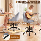 Fastes Drafting Tall Office Chair for Home Office, Velvet and Back Support, Comfy Standing Desk Chair with Adjustable Footrest Ring, 360 Swivel, Rolling Wheels for Counter Height Desk, Vanity and Bar