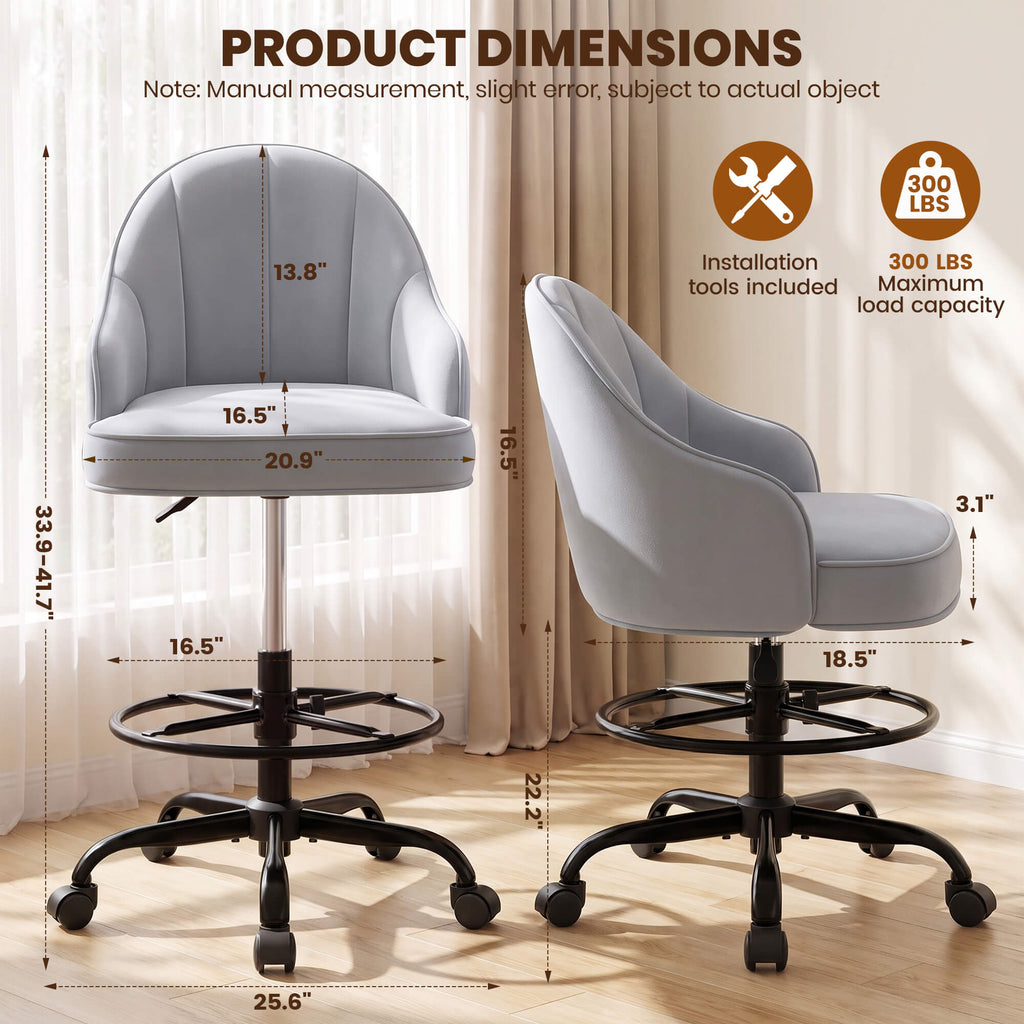 Fastes Drafting Tall Office Chair for Home Office, Velvet and Back Support, Comfy Standing Desk Chair with Adjustable Footrest Ring, 360 Swivel, Rolling Wheels for Counter Height Desk, Vanity and Bar