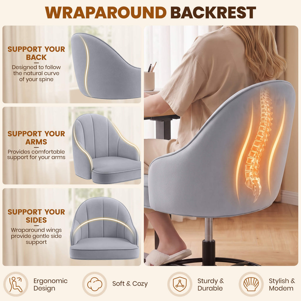 Fastes Drafting Tall Office Chair for Home Office, Velvet and Back Support, Comfy Standing Desk Chair with Adjustable Footrest Ring, 360 Swivel, Rolling Wheels for Counter Height Desk, Vanity and Bar