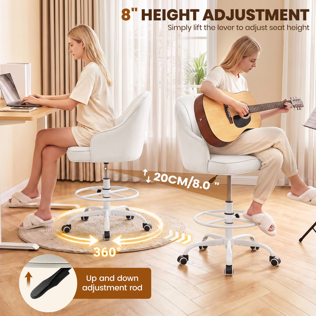 Fastes Drafting Tall Office Chair for Home Office, Velvet and Back Support, Comfy Standing Desk Chair with Adjustable Footrest Ring, 360 Swivel, Rolling Wheels for Counter Height Desk, Vanity and Bar