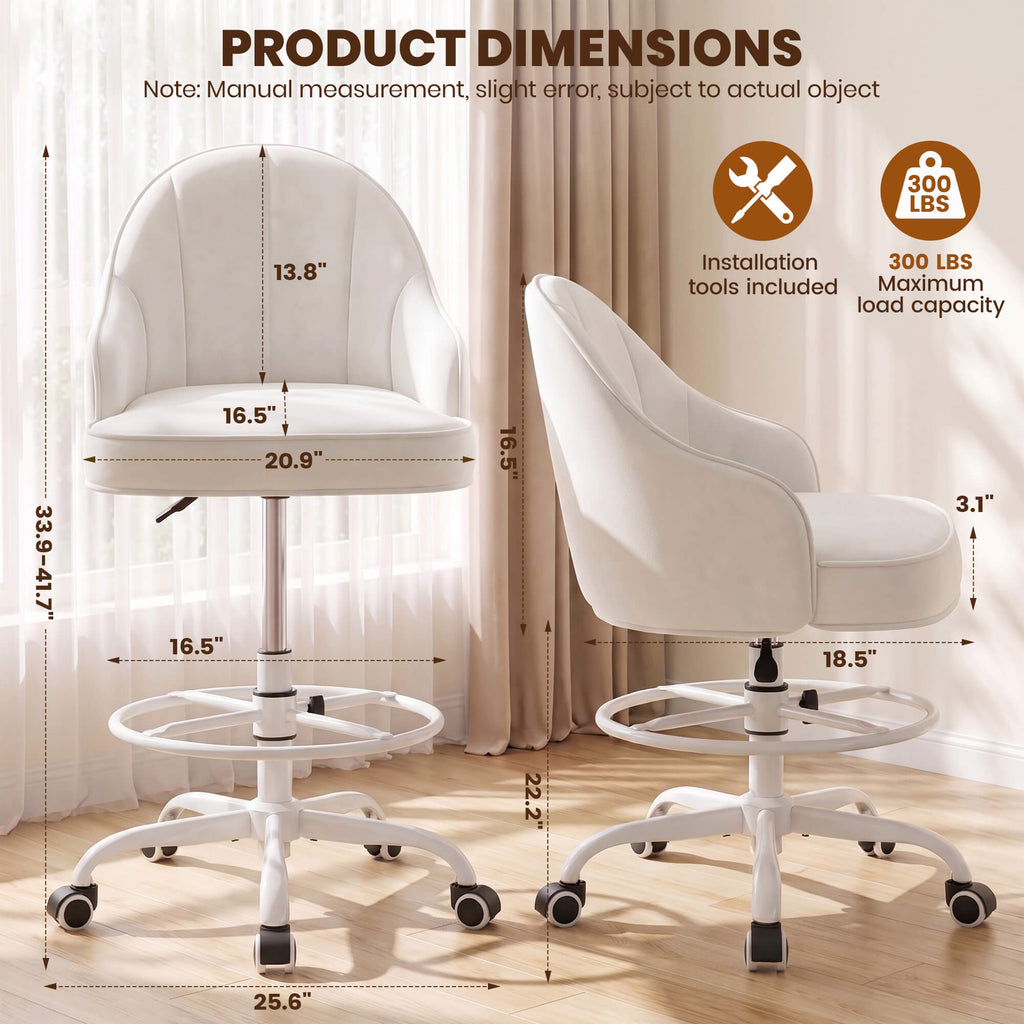 Fastes Drafting Tall Office Chair for Home Office, Velvet and Back Support, Comfy Standing Desk Chair with Adjustable Footrest Ring, 360 Swivel, Rolling Wheels for Counter Height Desk, Vanity and Bar