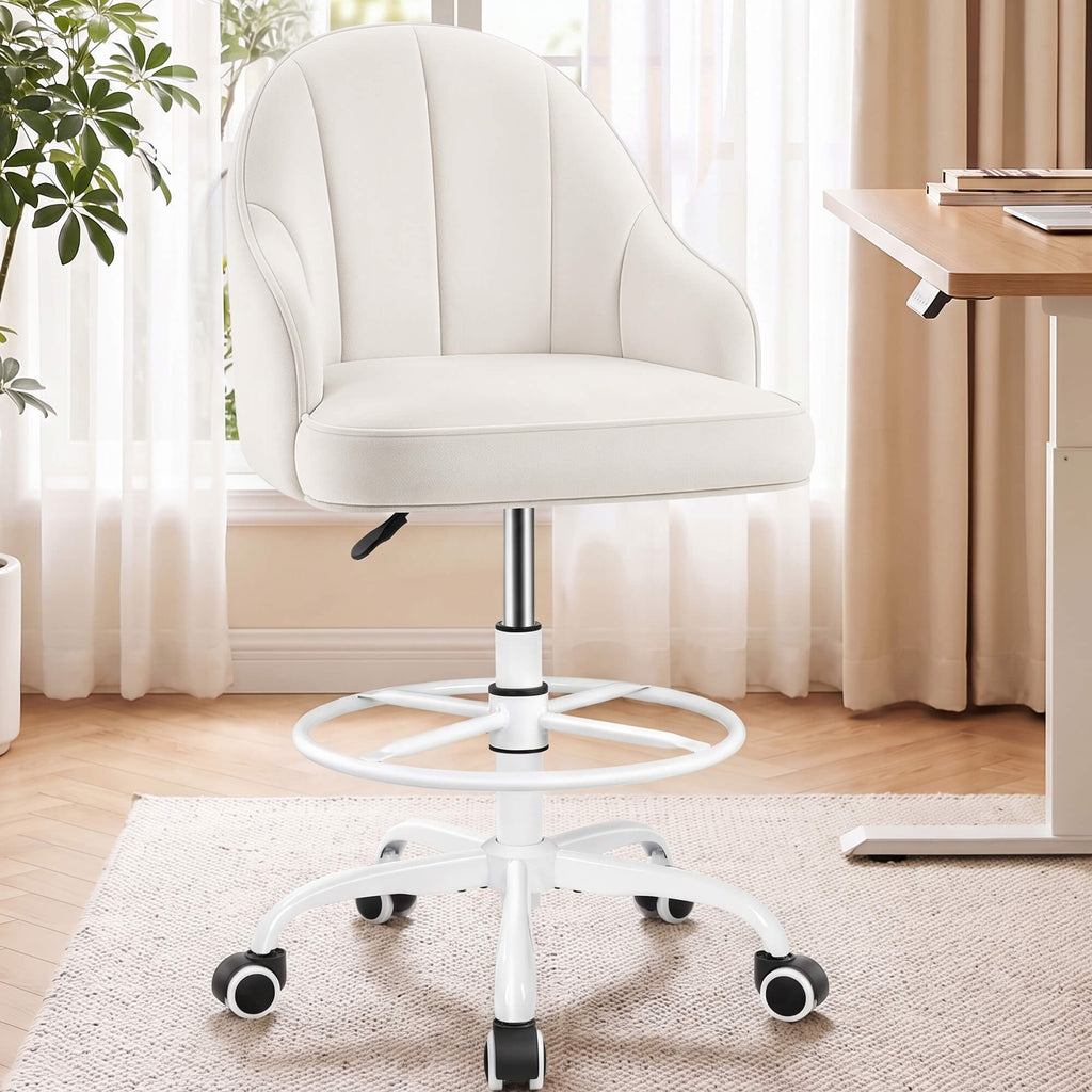 Fastes Drafting Tall Office Chair for Home Office, Velvet and Back Support, Comfy Standing Desk Chair with Adjustable Footrest Ring, 360 Swivel, Rolling Wheels for Counter Height Desk, Vanity and Bar