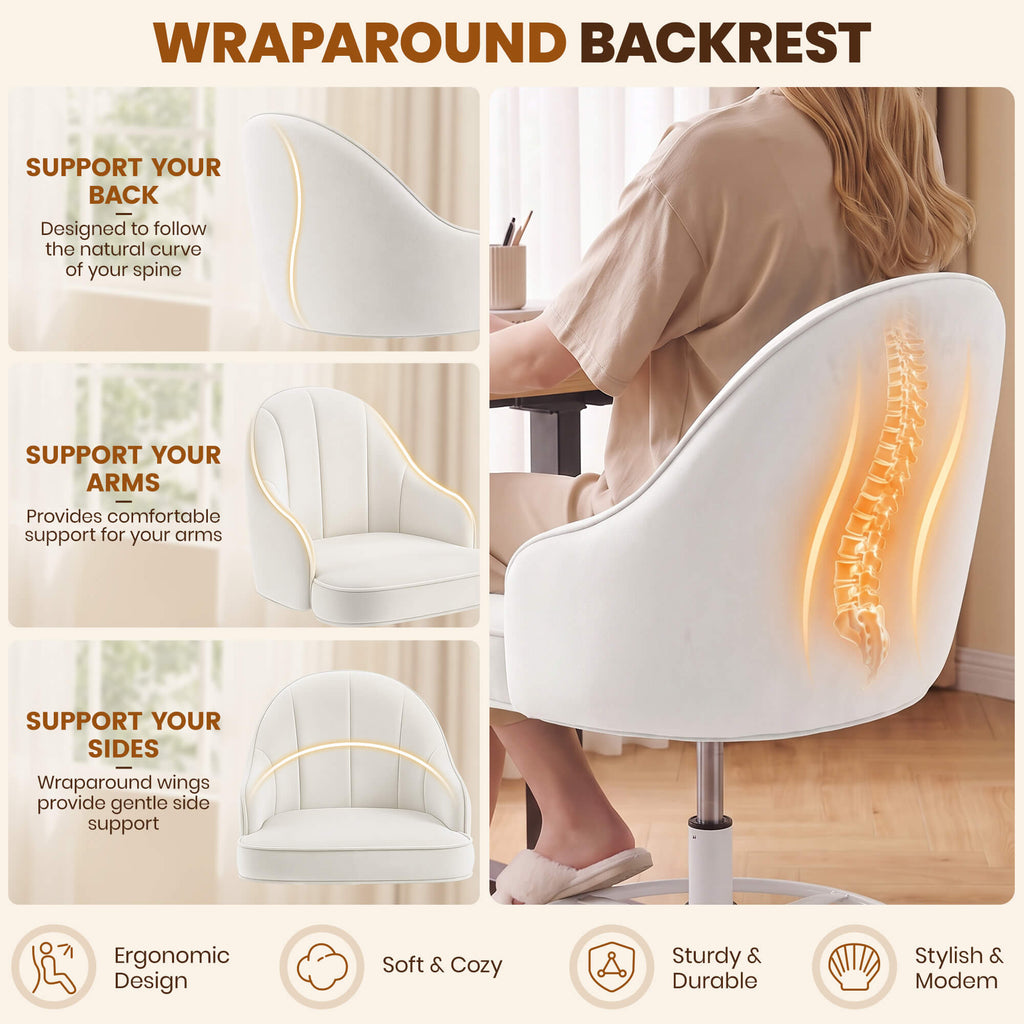 Fastes Drafting Tall Office Chair for Home Office, Velvet and Back Support, Comfy Standing Desk Chair with Adjustable Footrest Ring, 360 Swivel, Rolling Wheels for Counter Height Desk, Vanity and Bar